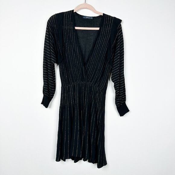 2/$30 ZARA Knit Gold Metallic Striped Fit and Flare Skimmer Dress Black #A0669 - Picture 4 of 9